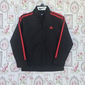 Adidas Youth Black Track Jacket Red‎ 3-Stripe Full Zip Activewear Top Size 6